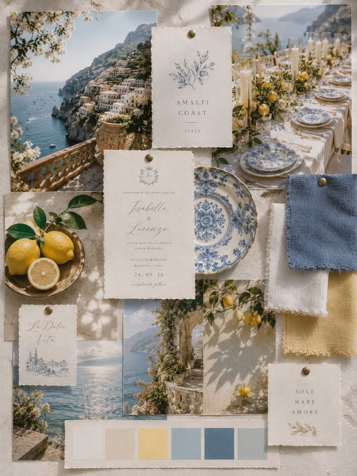 Paleta de color estilo mediterráneo para bodas de lujo con tonos azul, amarillo limón y blanco