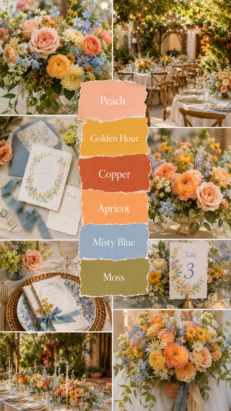 Paleta de colores cálidos para bodas de lujo con tonos melocotón, cobre y verde musgo